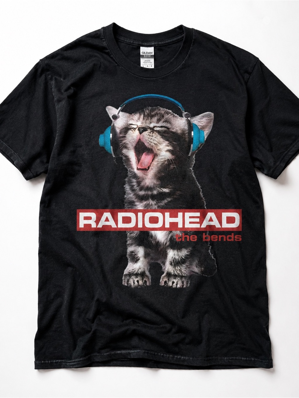 Gildan Black Cat Graphic Pet Tee with Blue Headphones and Red Logo